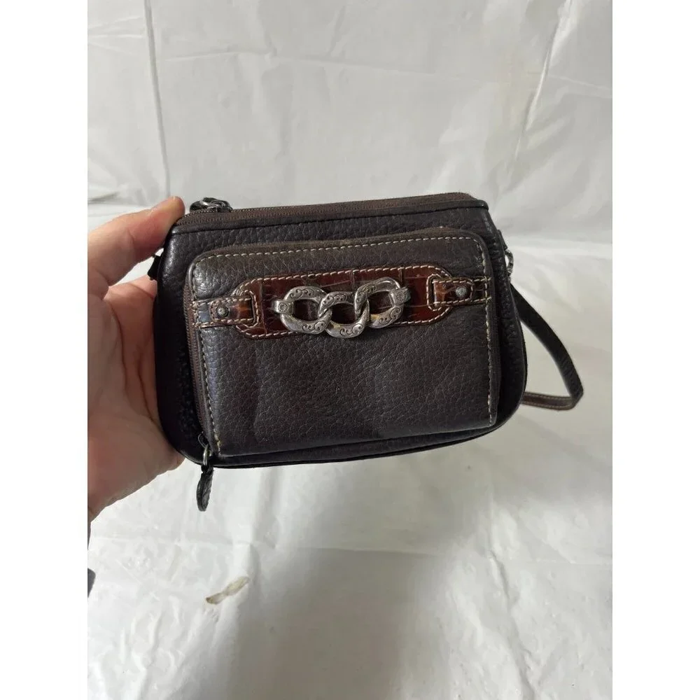 Brighton Crossbody Organizer Brown Pebbled Leather Decorative Chain Hardware